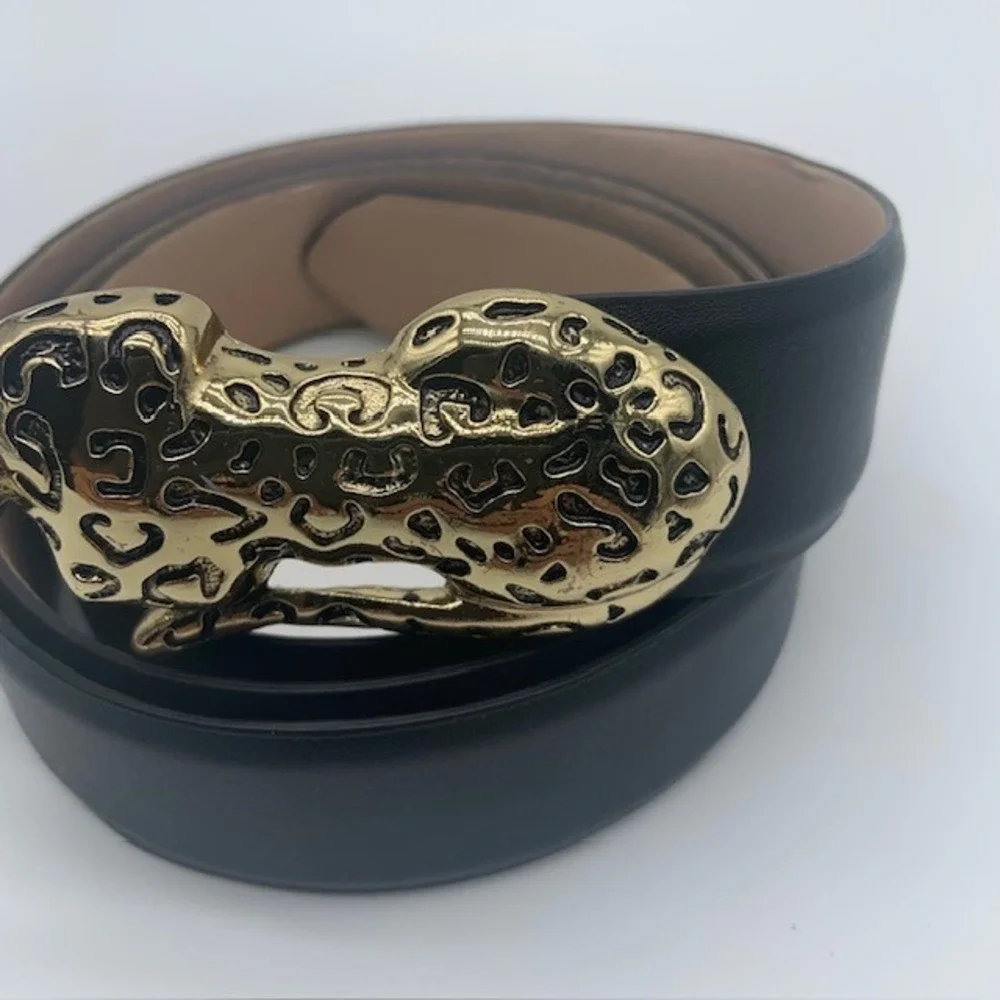 Chico's Gold Leopard Buckle Belt Leather Animal Statement Mob Wife Old Money 47
